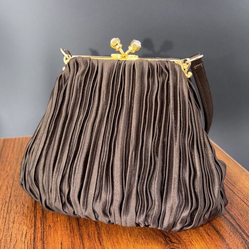VTG Bloomingdale’s Brown Ruched Satin Evening Bag Crystal Kiss Lock Purse